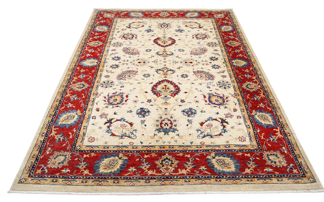 Ivory Afghan Ziegler Rug 5' 8" x 8' 0" Hand-Knotted | No. AT93610