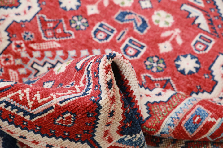 Red Afghan Oriental Rug 3' 4" x 5' 0" Hand-Knotted detail