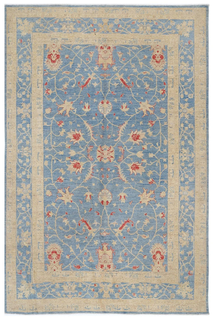 Blue Afghan Ziegler Rug 6' 3" x 9' 6" Hand-Knotted | No. AT93774