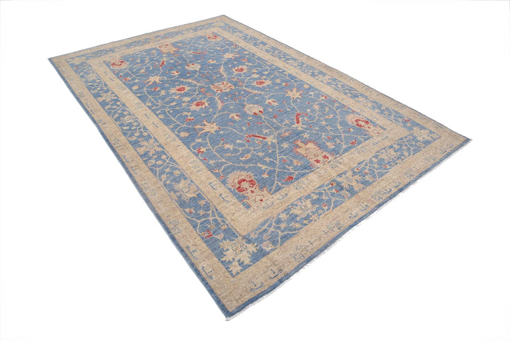 Blue Afghan Ziegler Rug 6' 3" x 9' 6" Hand-Knotted | No. AT93774