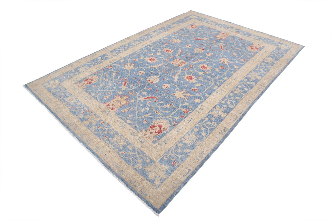 Blue Afghan Ziegler Rug 6' 3" x 9' 6" Hand-Knotted | No. AT93774