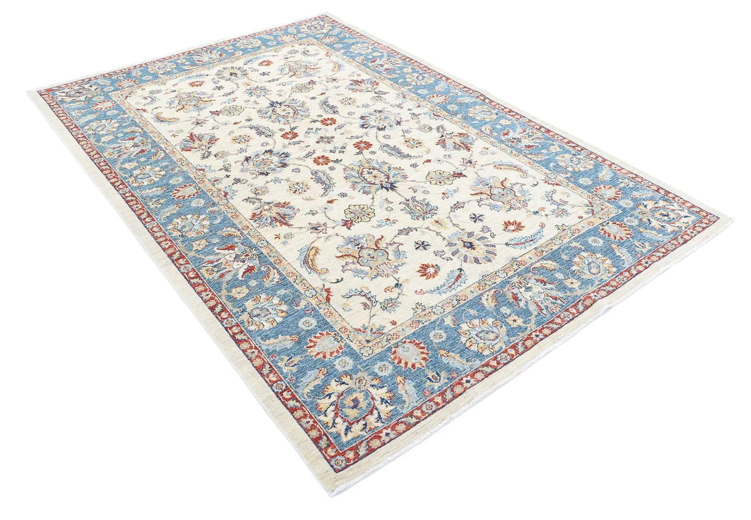 Ivory Afghan Ziegler Rug 5'6" x 8'1" Hand-Knotted | No. AT93956