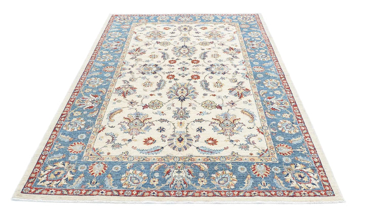 Ivory Afghan Ziegler Rug 5'6" x 8'1" Hand-Knotted | No. AT93956
