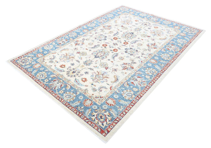 Ivory Afghan Ziegler Rug 5'6" x 8'1" Hand-Knotted | No. AT93956