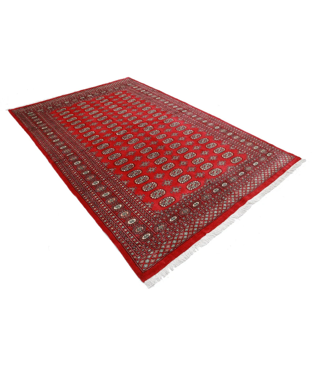 Red Pakistani Bokhara Rug 6' 0" x 8' 10" Hand-Knotted | No. AT944006