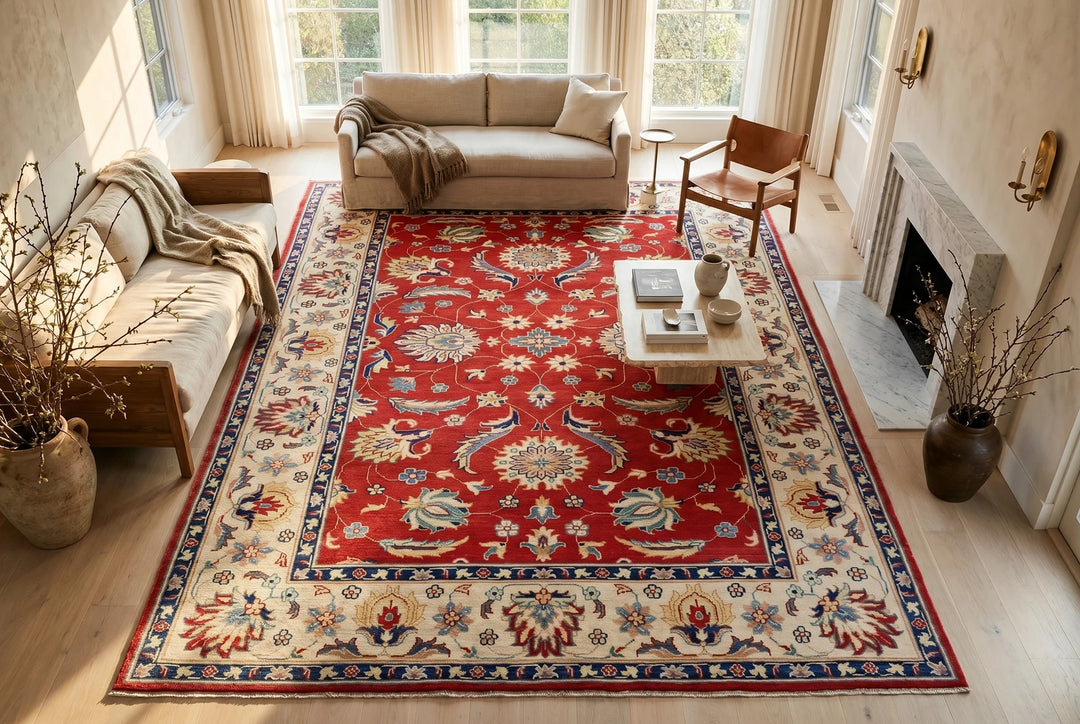 Red Afghan Ziegler Rug 6' 8" x 10' 4" Hand-Knotted | No. AT94521