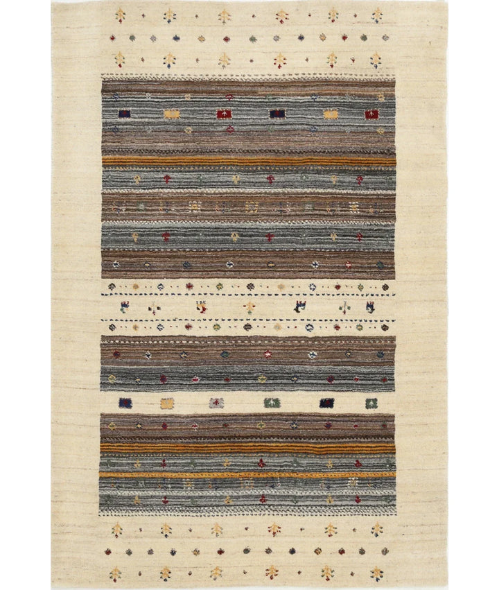 Ivory Indian Oriental Rug 4' 0" x 5' 11" Hand-Knotted | No. AT94600