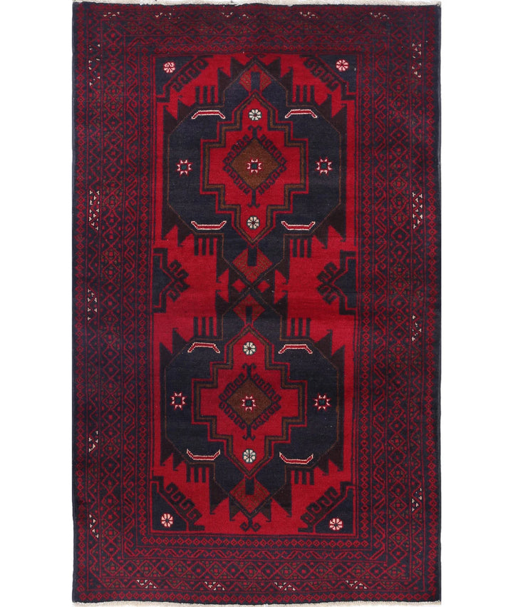 Red Afghan Baluchi Rug 3' 0" x 4' 11" Hand-Knotted | No. AT95081