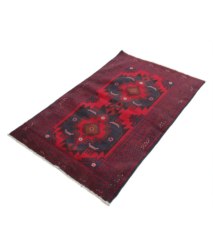 Red Afghan Baluchi Rug 3' 0" x 4' 11" Hand-Knotted | No. AT95081