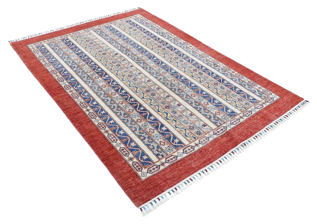Red Afghan Oriental Rug 4' 9" x 6' 6" Hand-Knotted | No. AT96393