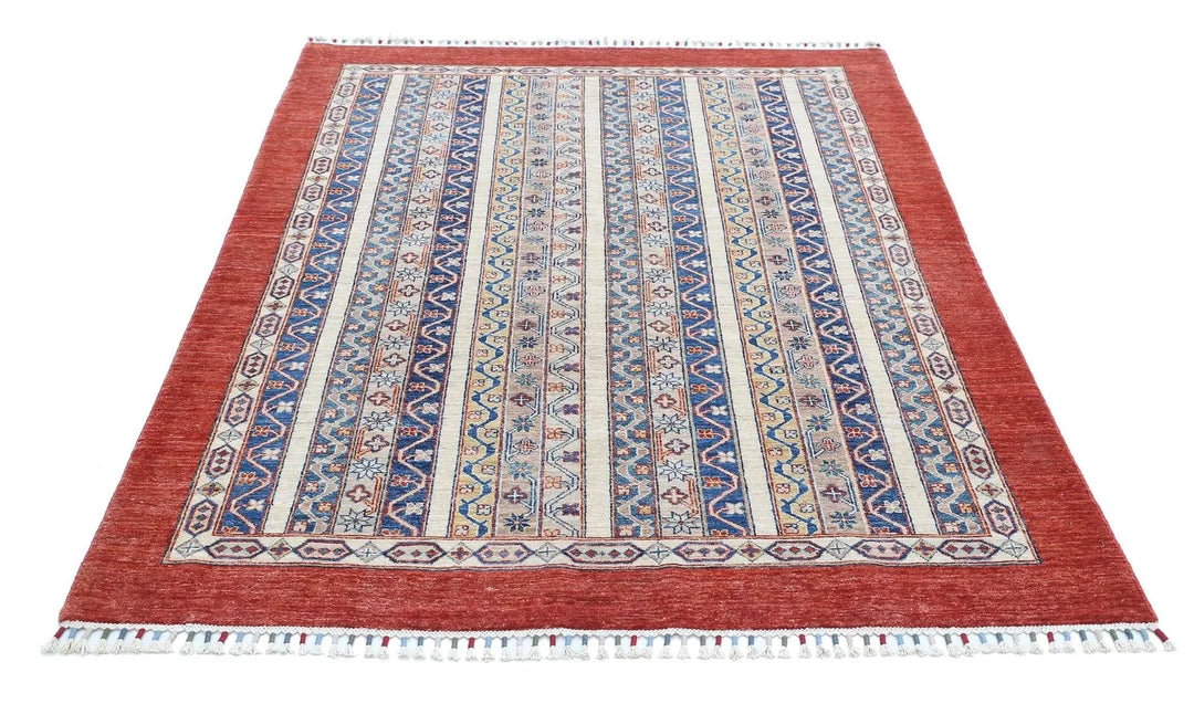 Red Afghan Oriental Rug 4' 9" x 6' 6" Hand-Knotted | No. AT96393