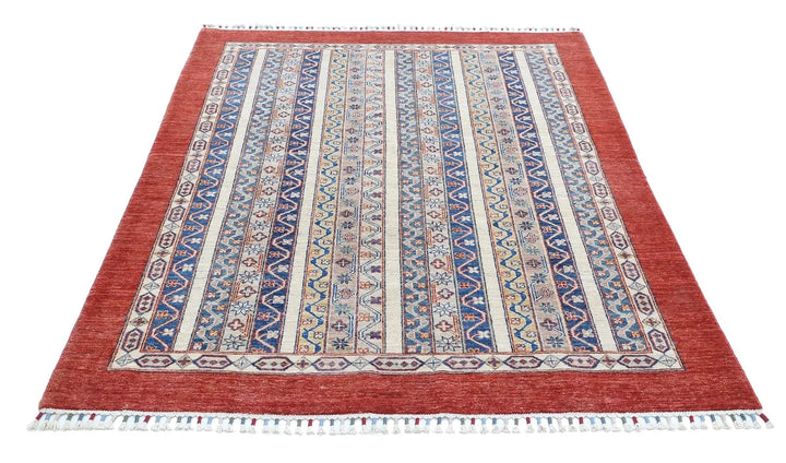 Red Afghan Oriental Rug 4' 9" x 6' 6" Hand-Knotted | No. AT96393