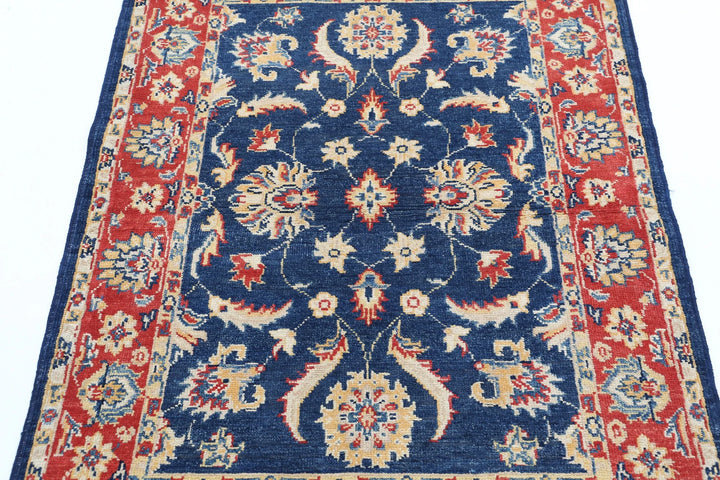 Blue Afghan Oriental Rug 3' 3" x 4' 10" Hand-Knotted detail