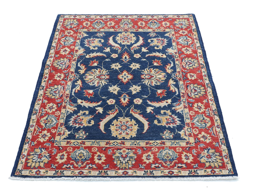 Blue Afghan Oriental Rug 3' 3" x 4' 10" Hand-Knotted border