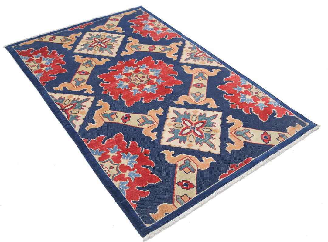Blue Afghan Ziegler Rug 4' 0" x 6' 0" Hand-Knotted | No. AT96548