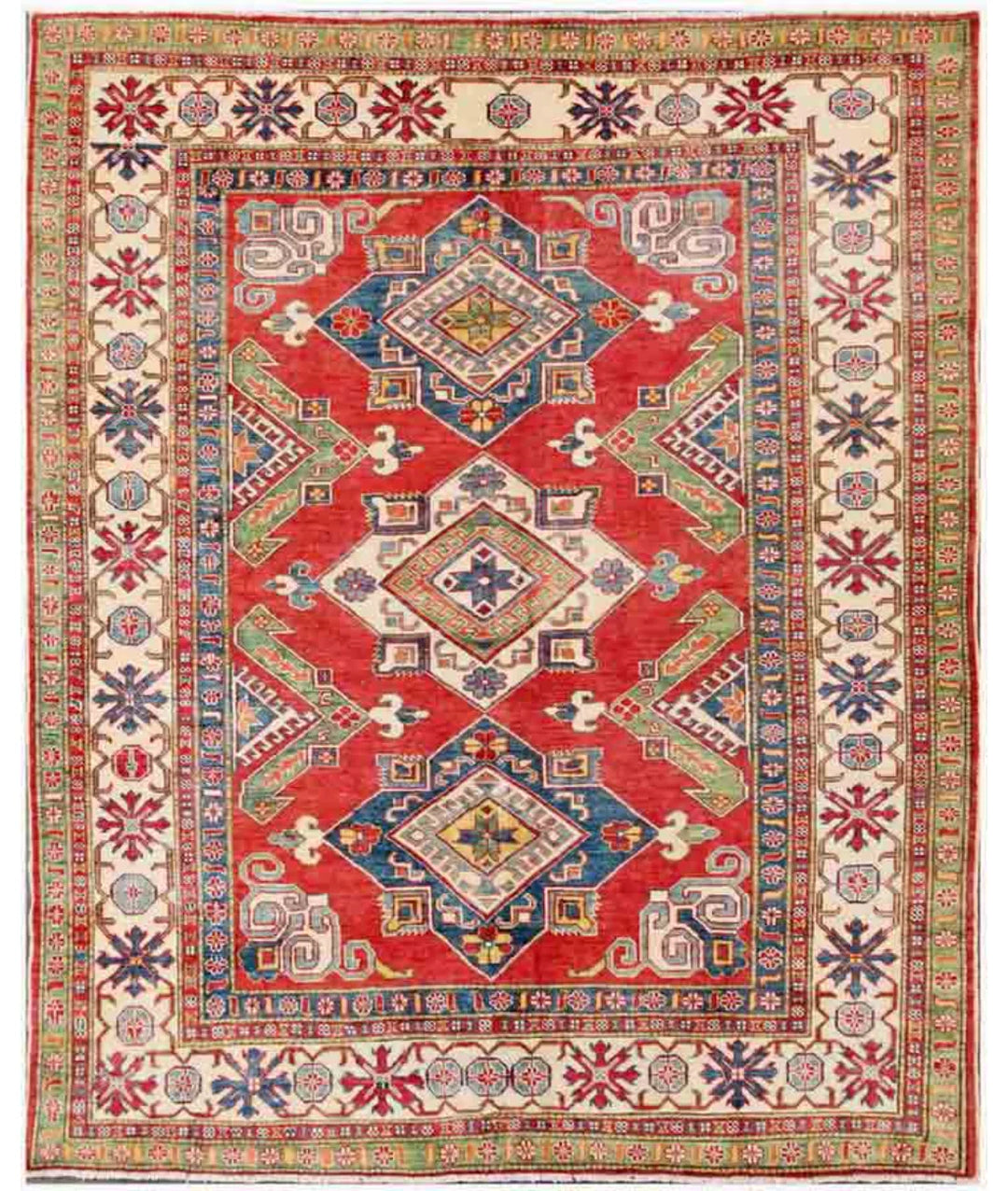 Red Afghan Kazak Rug 6' 8" x 8' 1" Hand-Knotted | No. AT97547
