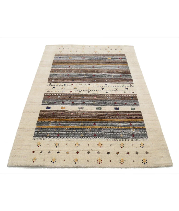 Ivory Indian Oriental Rug 4' 0" x 5' 11" Hand-Knotted | No. AT97640