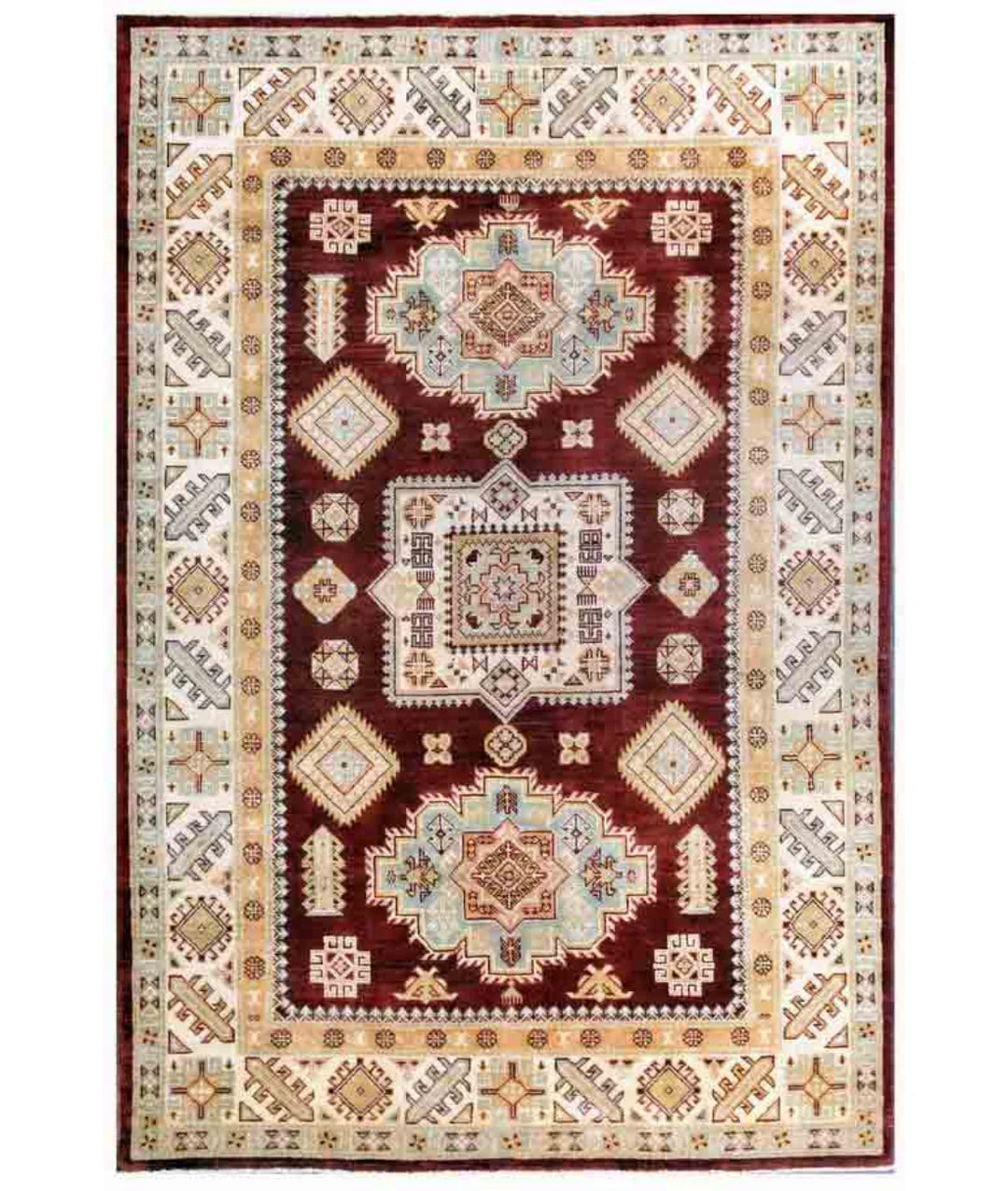 Ivory Afghan Kazak Rug 5' 5" x 8' 0" Hand-Knotted | No. AT98012