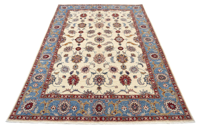 Ivory Afghan Ziegler Rug 5' 5" x 7' 8" Hand-Knotted | No. AT98052