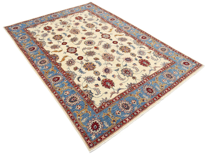 Ivory Afghan Ziegler Rug 5' 5" x 7' 8" Hand-Knotted | No. AT98052