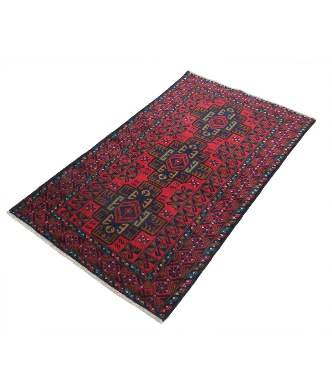 Red Afghan Baluchi Rug 2' 8" x 4' 8" Hand-Knotted | No. AT98379
