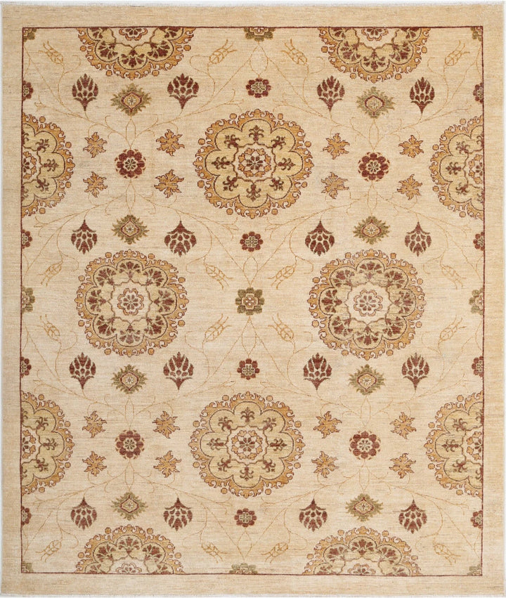 Beige Afghan Modcar Rug 6' 6" x 7' 10" Hand-Knotted | No. AT98735