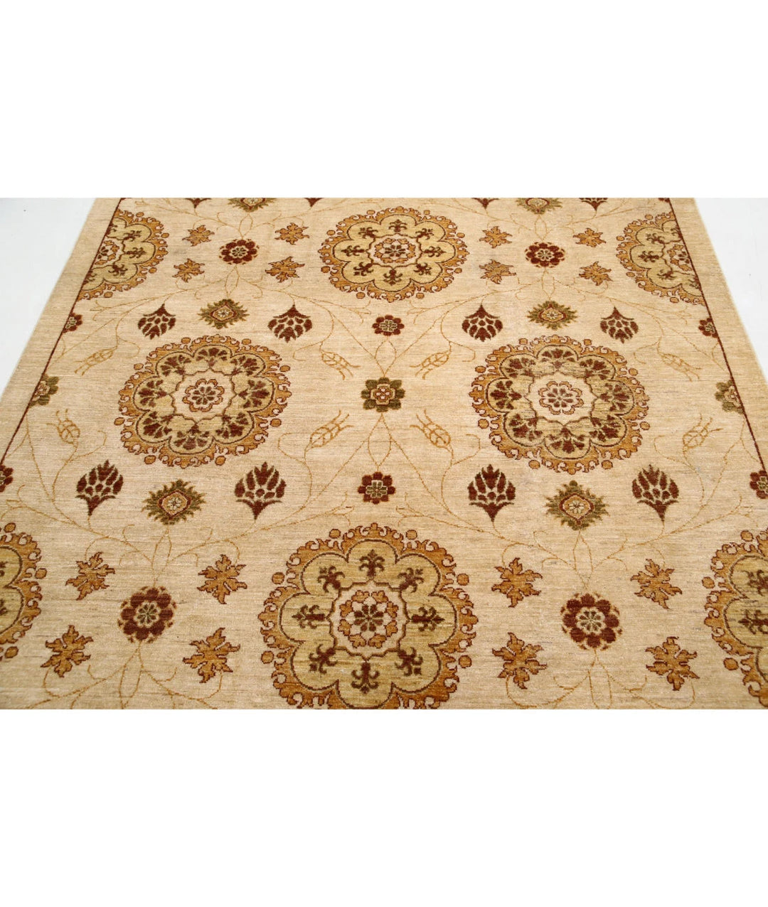 Beige Afghan Modcar Rug 6' 6" x 7' 10" Hand-Knotted | No. AT98735
