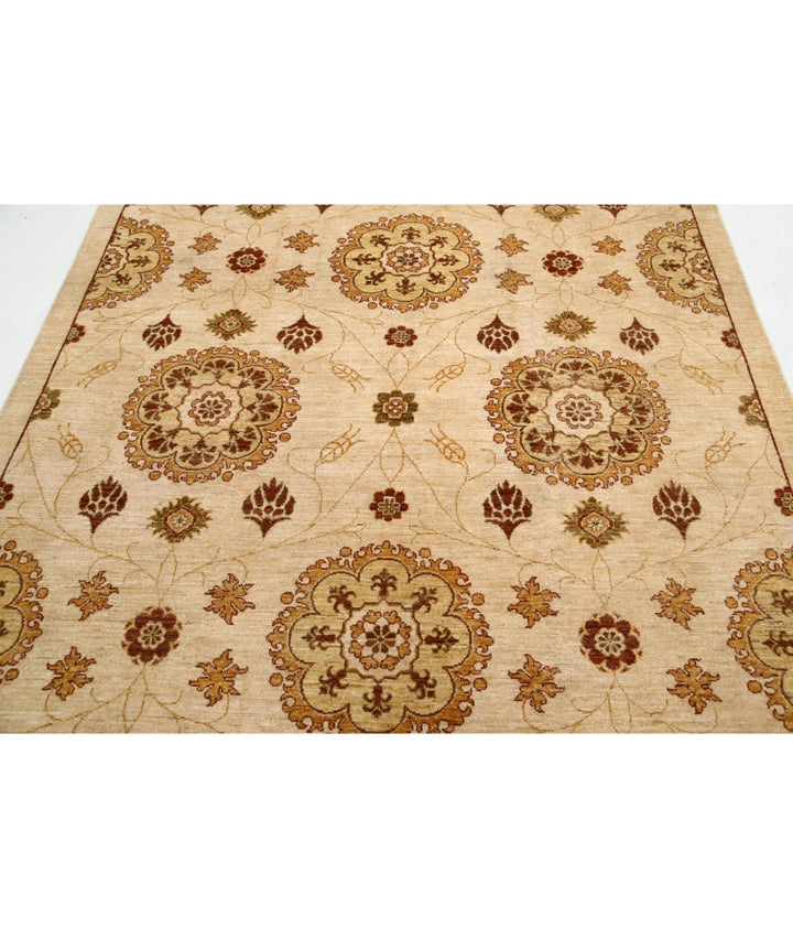 Beige Afghan Modcar Rug 6' 6" x 7' 10" Hand-Knotted | No. AT98735