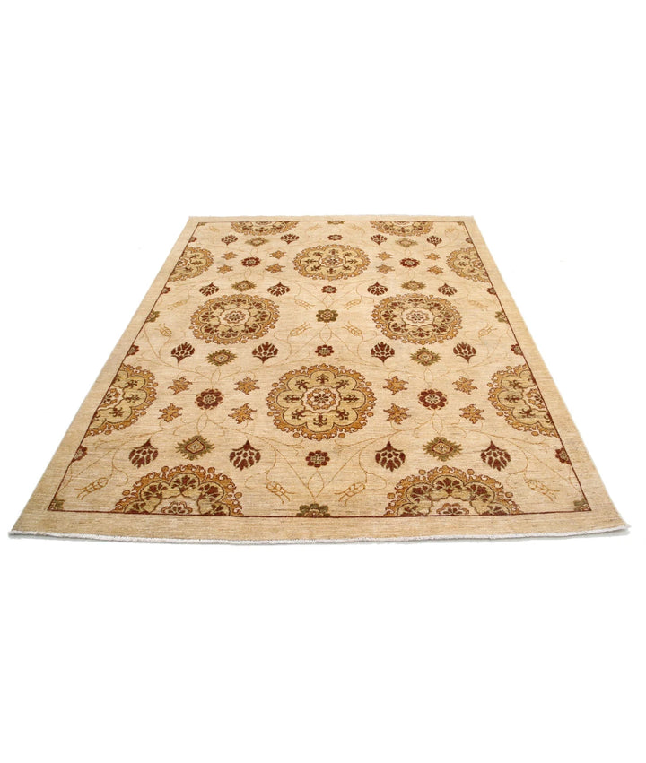 Beige Afghan Modcar Rug 6' 6" x 7' 10" Hand-Knotted | No. AT98735