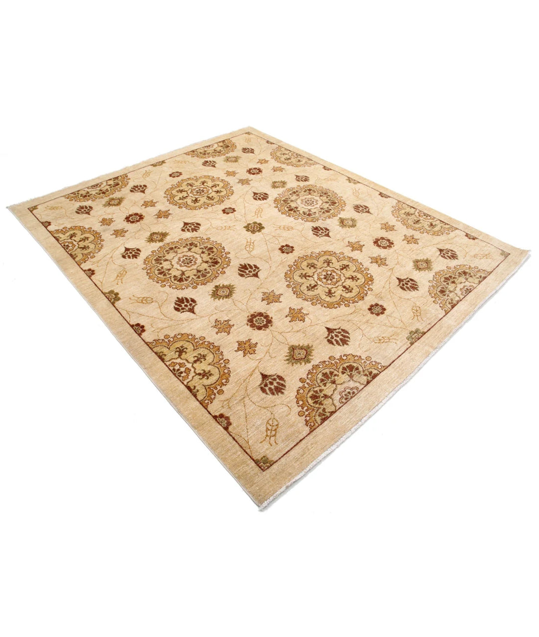 Beige Afghan Modcar Rug 6' 6" x 7' 10" Hand-Knotted | No. AT98735