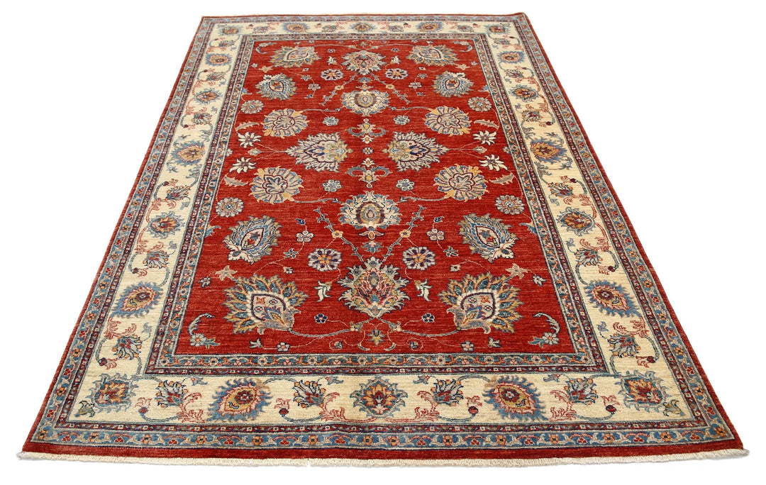 Red Afghan Ziegler Rug 5' 5" x 7' 9" Hand-Knotted | No. AT98748
