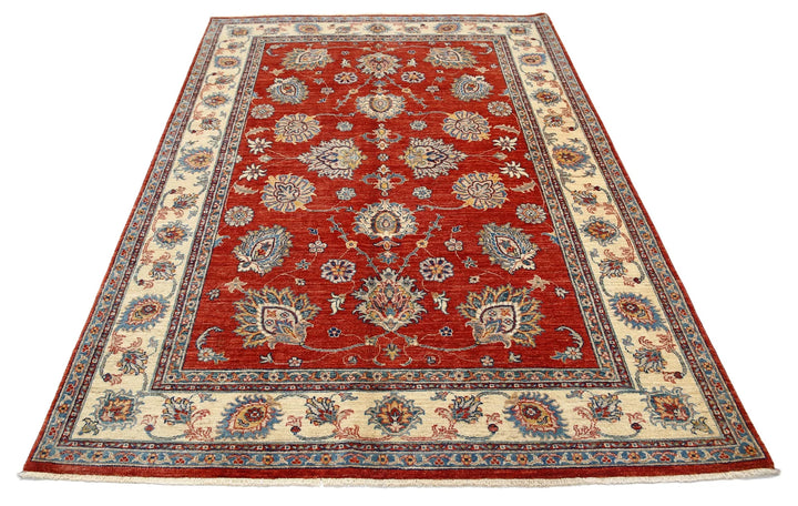 Red Afghan Ziegler Rug 5' 5" x 7' 9" Hand-Knotted | No. AT98748