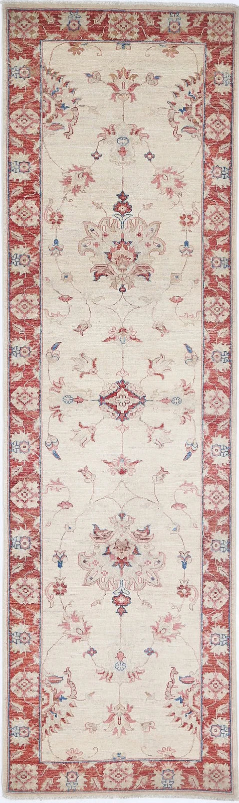 Ivory Afghan Oriental Rug 2'5" x 8'7" Hand-Knotted