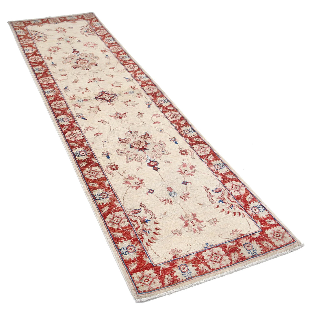 Ivory Afghan Oriental Rug 2'5" x 8'7" Hand-Knotted detail