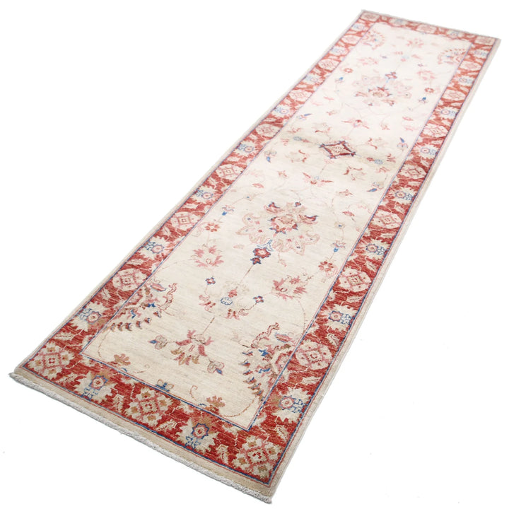 Ivory Afghan Oriental Rug 2'5" x 8'7" Hand-Knotted close-up