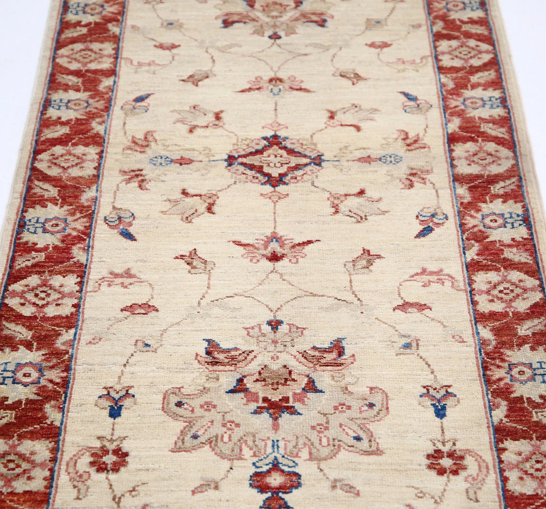 Ivory Afghan Oriental Rug 2'5" x 8'7" Hand-Knotted field