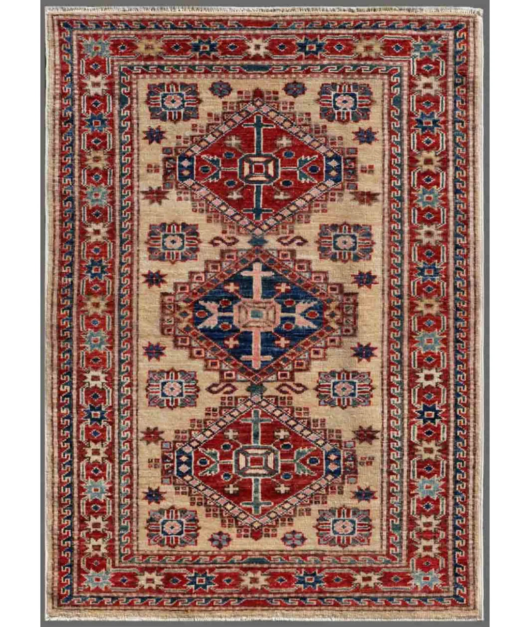 Ivory Afghan Kazak Rug 2' 6" x 3' 6" Hand-Knotted | No. AT99656