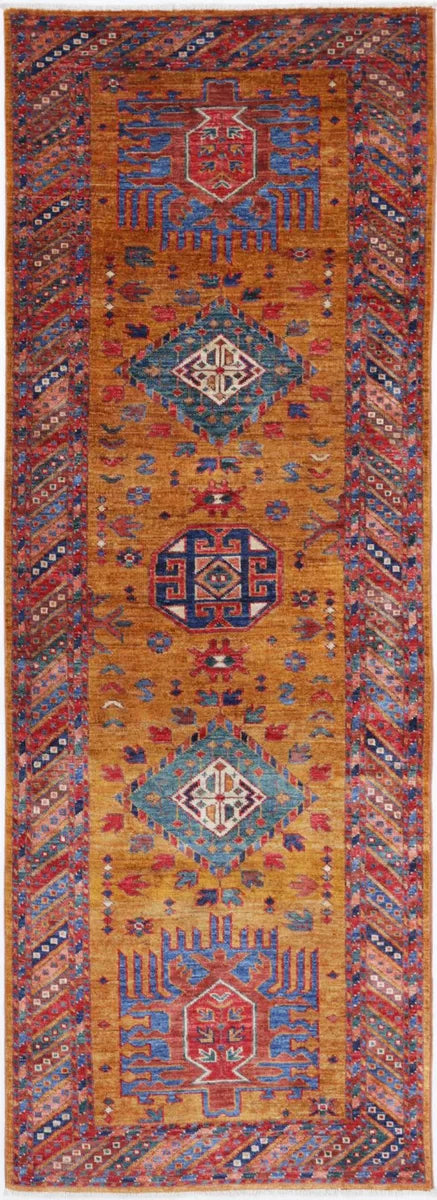 Gold Afghan Tribal Rug 2'8" x 7'7" Hand-Knotted | No. AV10588