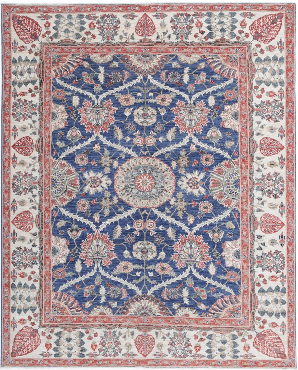 Blue Afghan Ziegler Rug 7'8" x 9'7" Hand-Knotted | No. AV28510