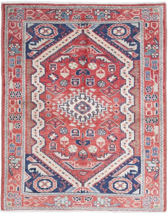 Red Pakistani Kazak Rug 3'4" x 4'4" Hand-Knotted | No. AV40010