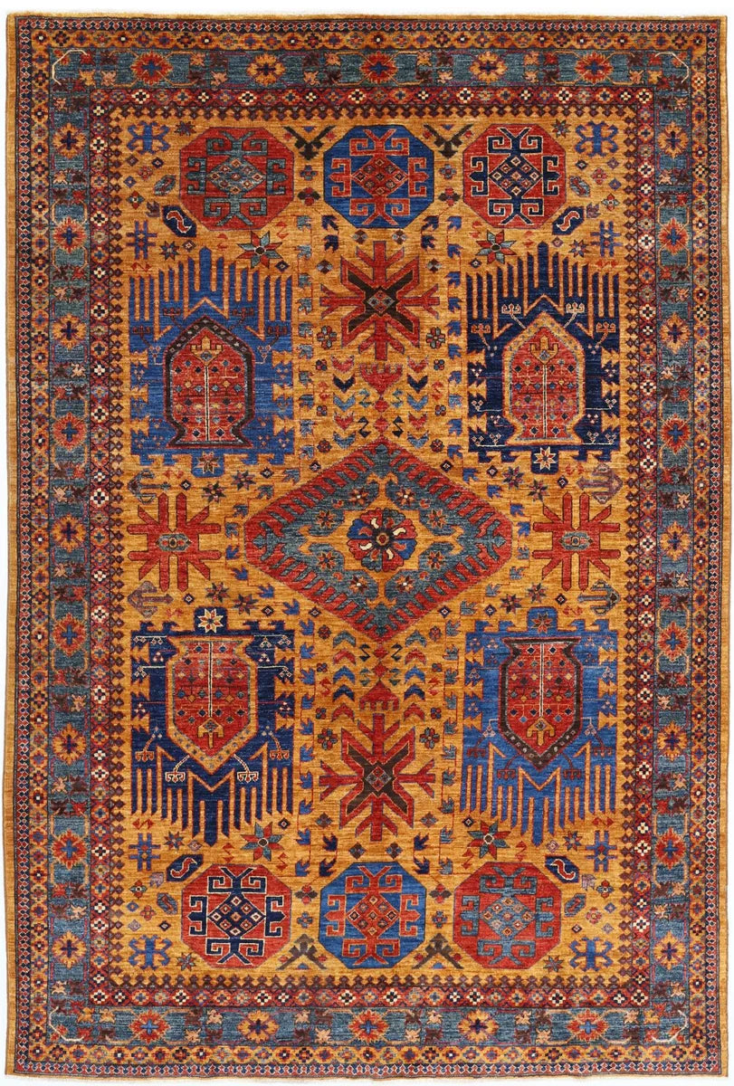 Gold Afghan Tribal Rug 6'10" x 10'2" Hand-Knotted | No. AV50379