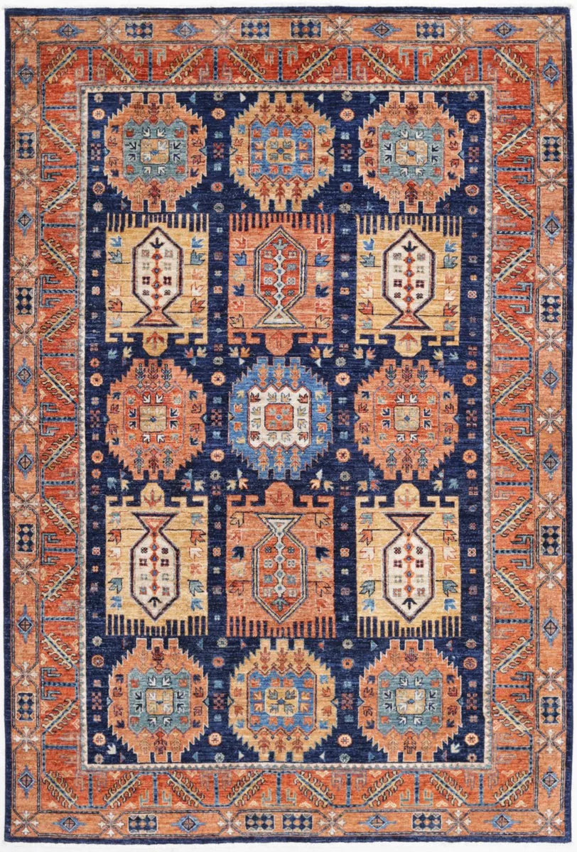 Blue Afghan Tribal Rug 5'9" x 8'10" Hand-Knotted | No. AV57738