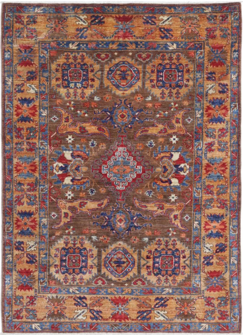 Brown Afghan Tribal Rug 4'2" x 5'9" Hand-Knotted | No. AV93524