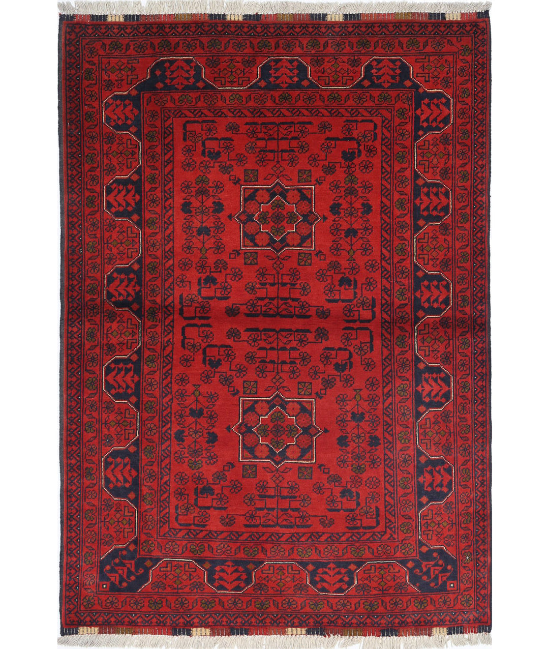 Red Afghan Tribal Rug 3' 4" x 4' 10" Hand-Knotted | No. AT15039