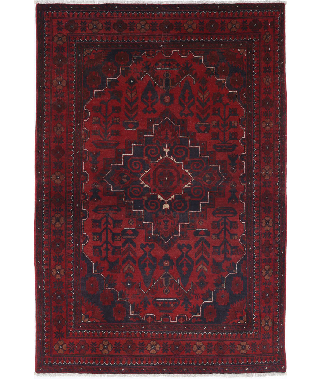 Red Afghan Khamyab Rug 3' 3" x 4' 11" Hand-Knotted | No. AT18697