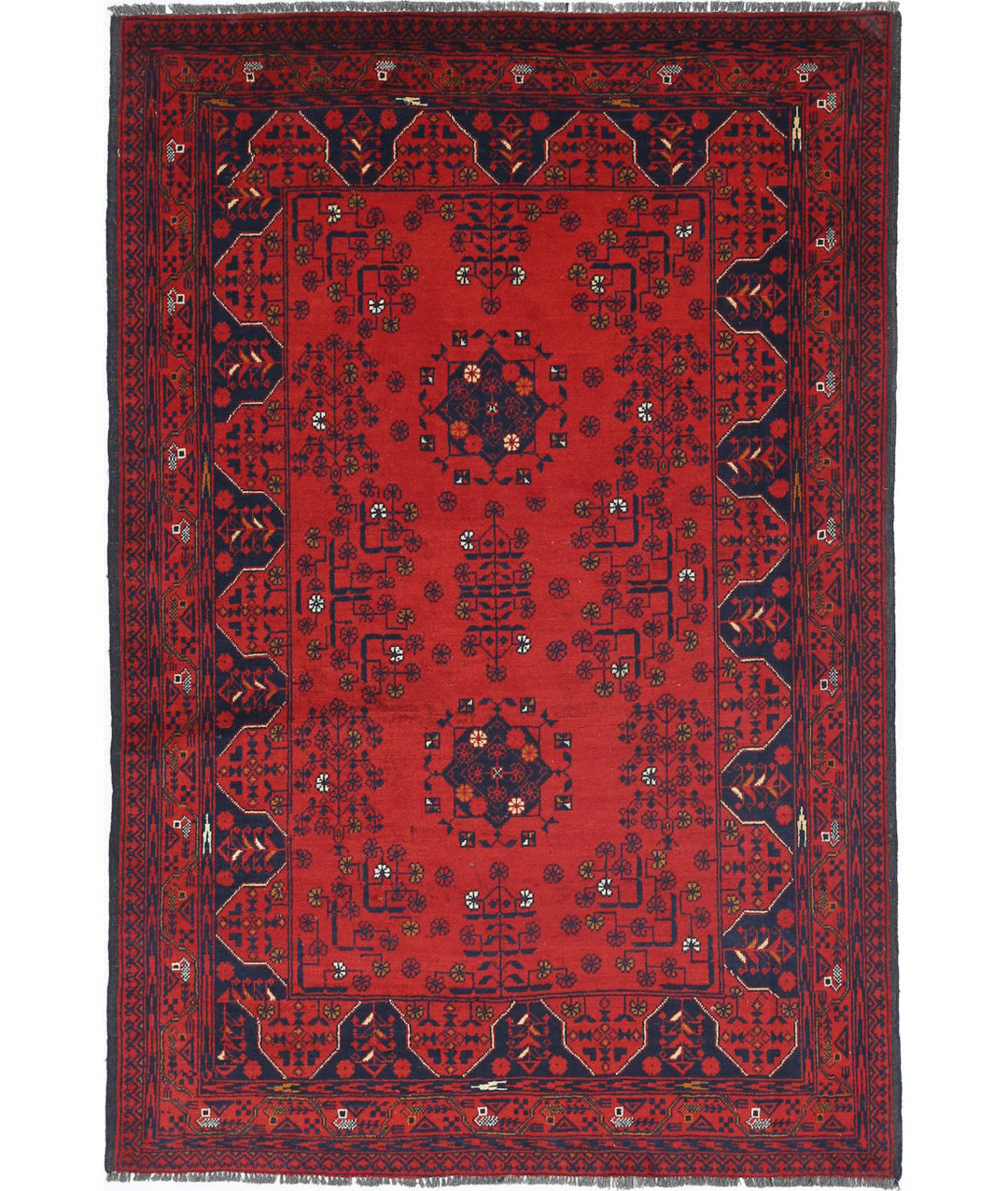 Red Afghan Khamyab Rug 3' 3" x 4' 1" Hand-Knotted