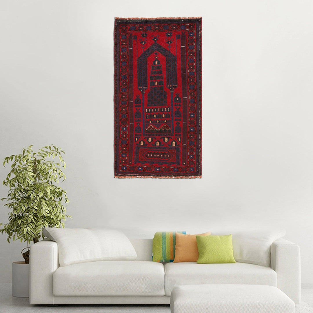 Red Afghan Prayer Rug 2' 7" x 4' 8" Hand-Knotted texture
