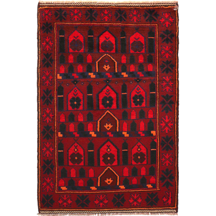 Red Afghan Prayer Rug 3' 1" x 4' 6" Hand-Knotted