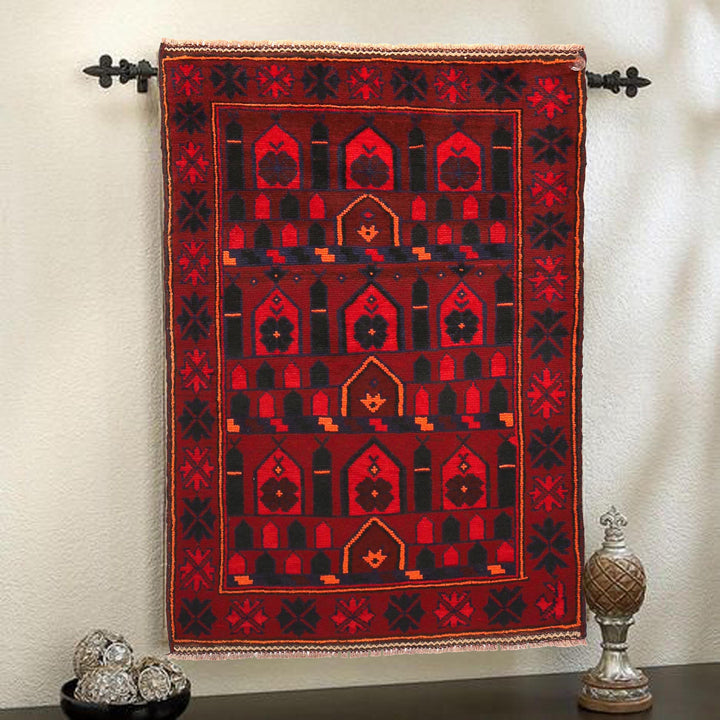 Red Afghan Prayer Rug 3' 1" x 4' 6" Hand-Knotted texture