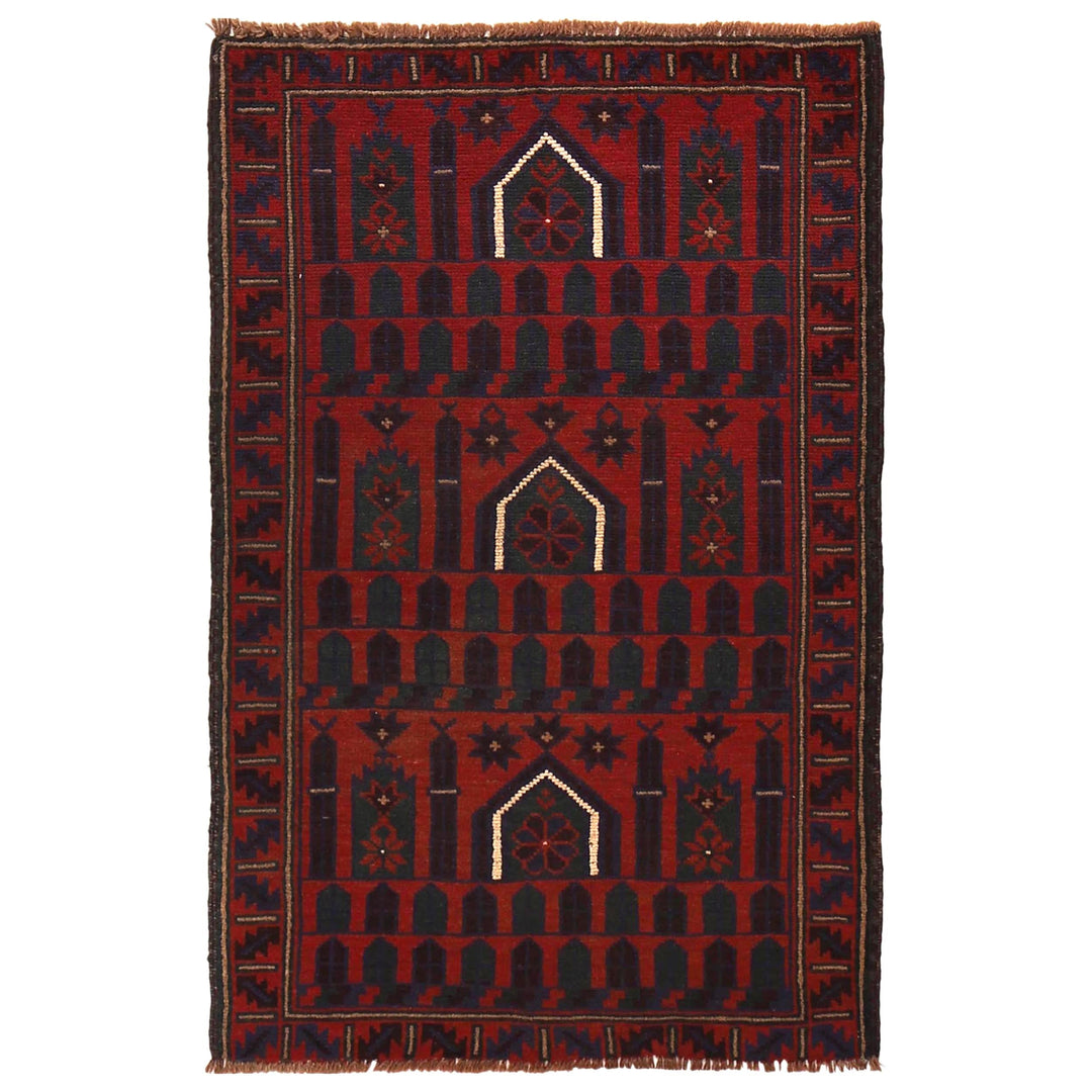 Red Afghan Prayer Rug 3' 0" x 4' 8" Hand-Knotted